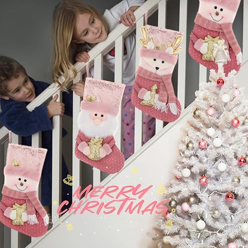 Miniatura 5 de Paquete de 3 medias de Navidad rosas, tamaño grande de 19 pulgadas con patrón de muñecos de Papá Noel, muñeco de nieve y reno, lentejuelas doradas