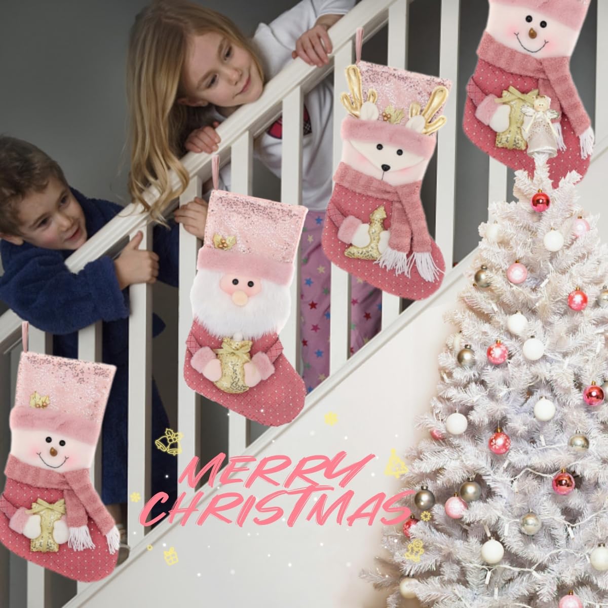 Confezione da 2 calze natalizie rosa con glitter oro 50,8 cm, grandi dimensioni, 3D, Babbo Natale/pupazzo di neve, calze natalizie per famiglia, ornamenti natalizi per scale, caminetto