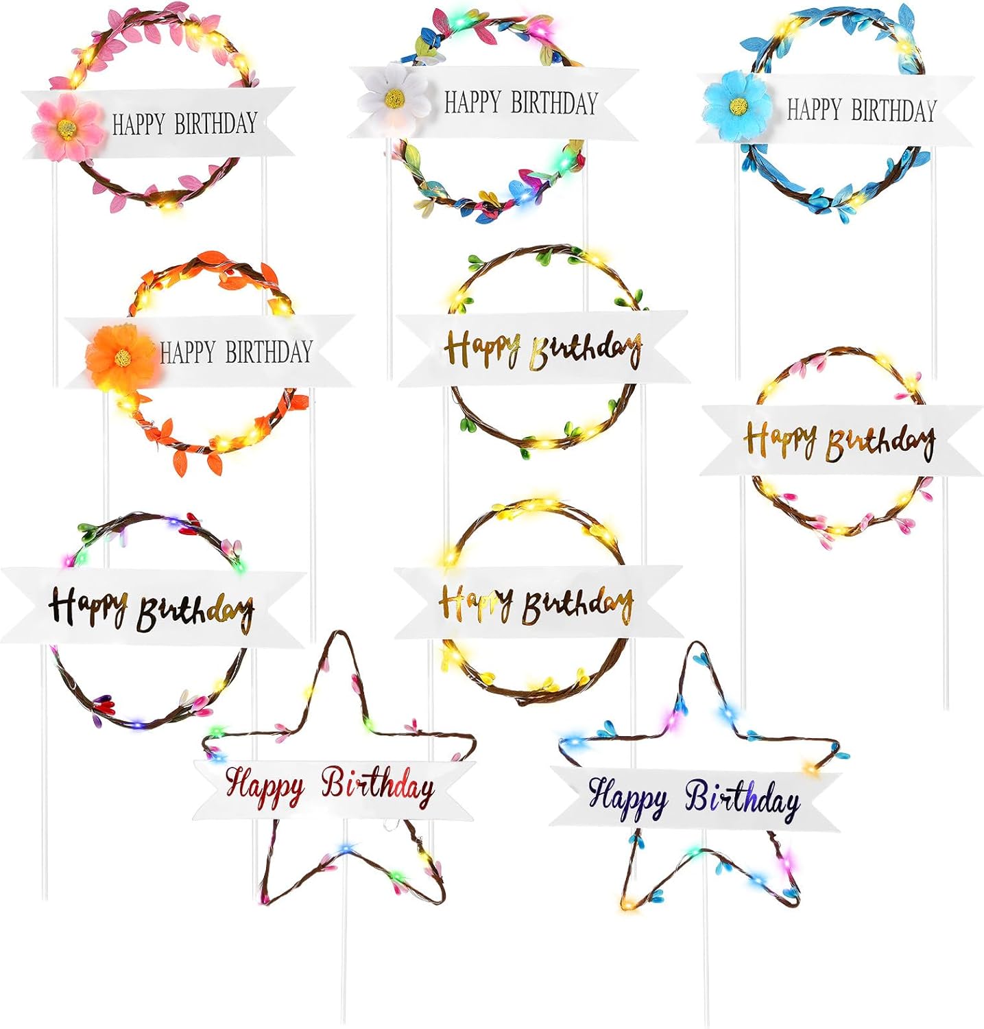 Lighted Birthday Cupcake Topper Decor, 10pcs Set, Non-edible Cake Decoration for Birthday Party Supplies and Cupcakes