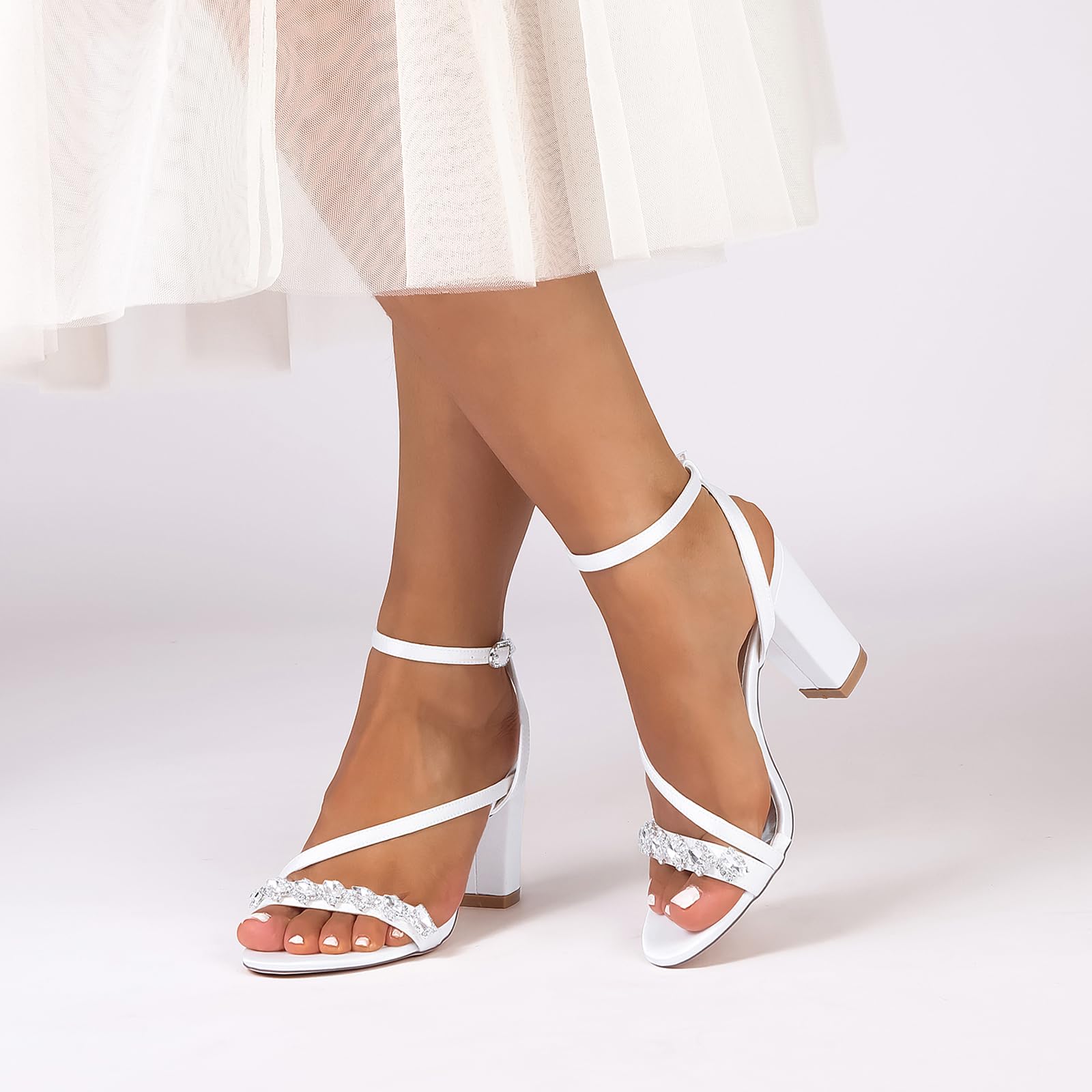 Sandali da Sposa Eleganti, Tacco Alto a Blocco Scarpe da Sposa da Donna, Cinturino alla Caviglia, Decorazioni in Cristallo, Avorio/Bianco