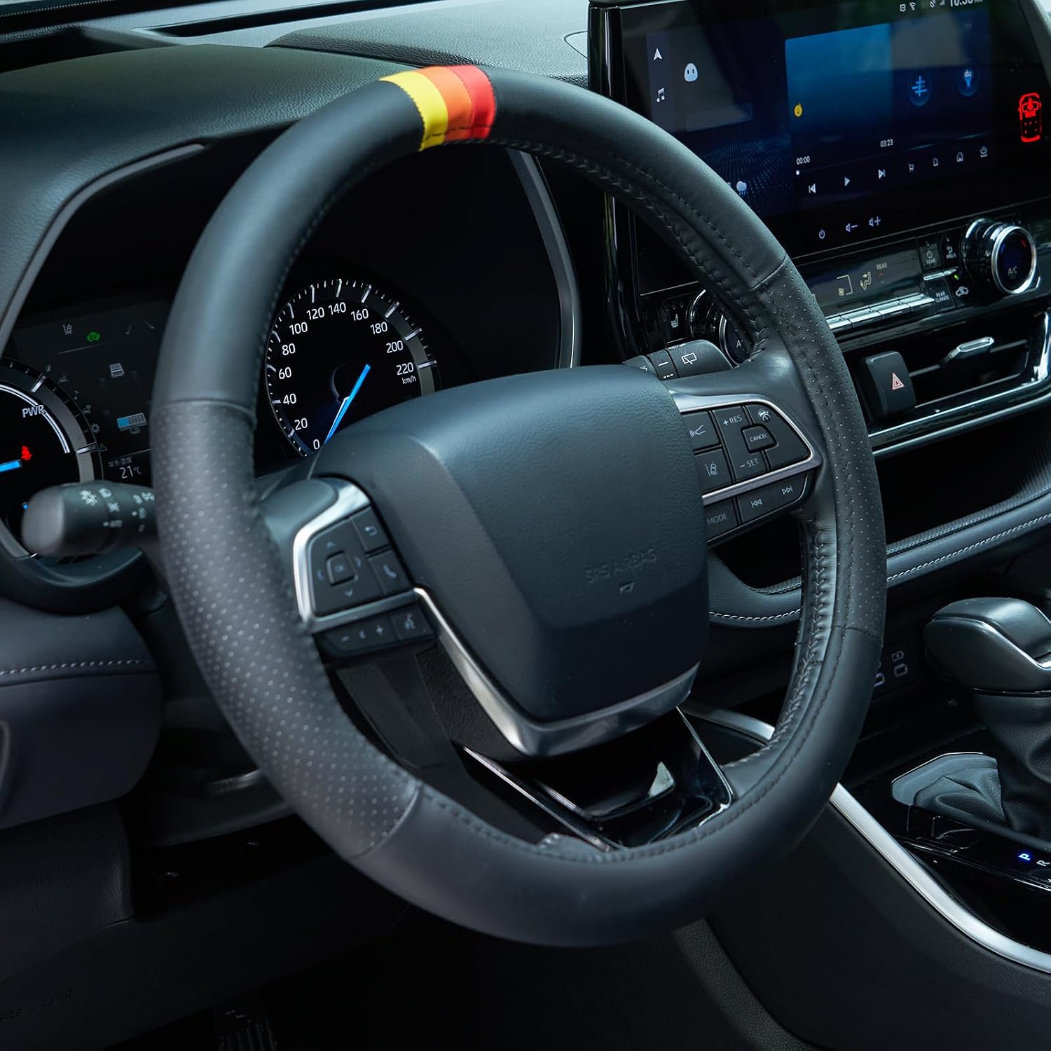 15 Inch Retro Tri-Color Stripes Sport Leather Steering Wheel Cover for Toyota TRD Tacoma 4Runner Tundra Rav4 Highlander Land Cruiser Fj Cruiser, Non-Slip, Breathable, Accessories for TRD