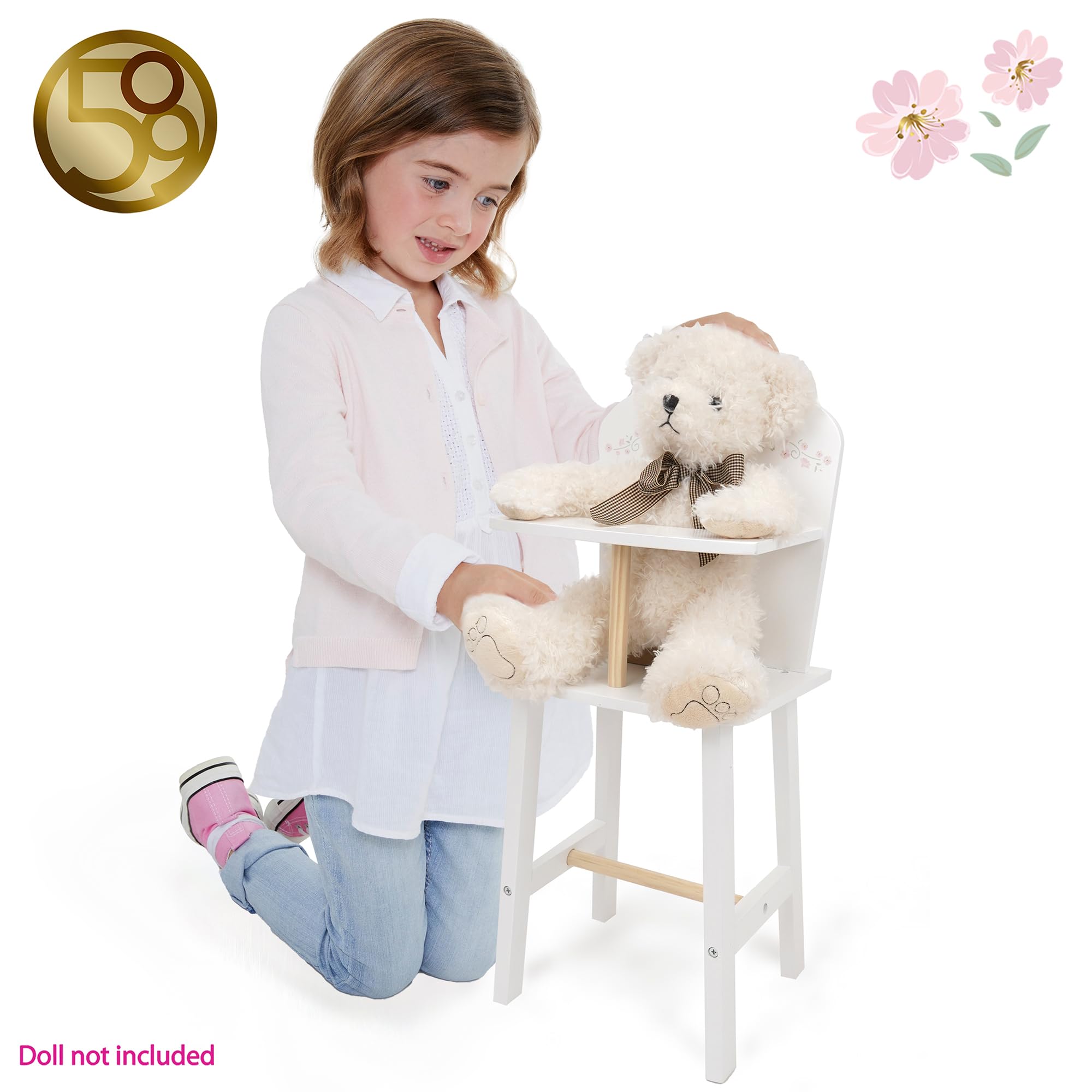 509 Crew: Little Flora - Seggiolone per bambole in legno - Fiore-Bianco-Rosa, Stazione di alimentazione, Bambole e animali di peluche, giocattolo finto gioco, bambino 3+