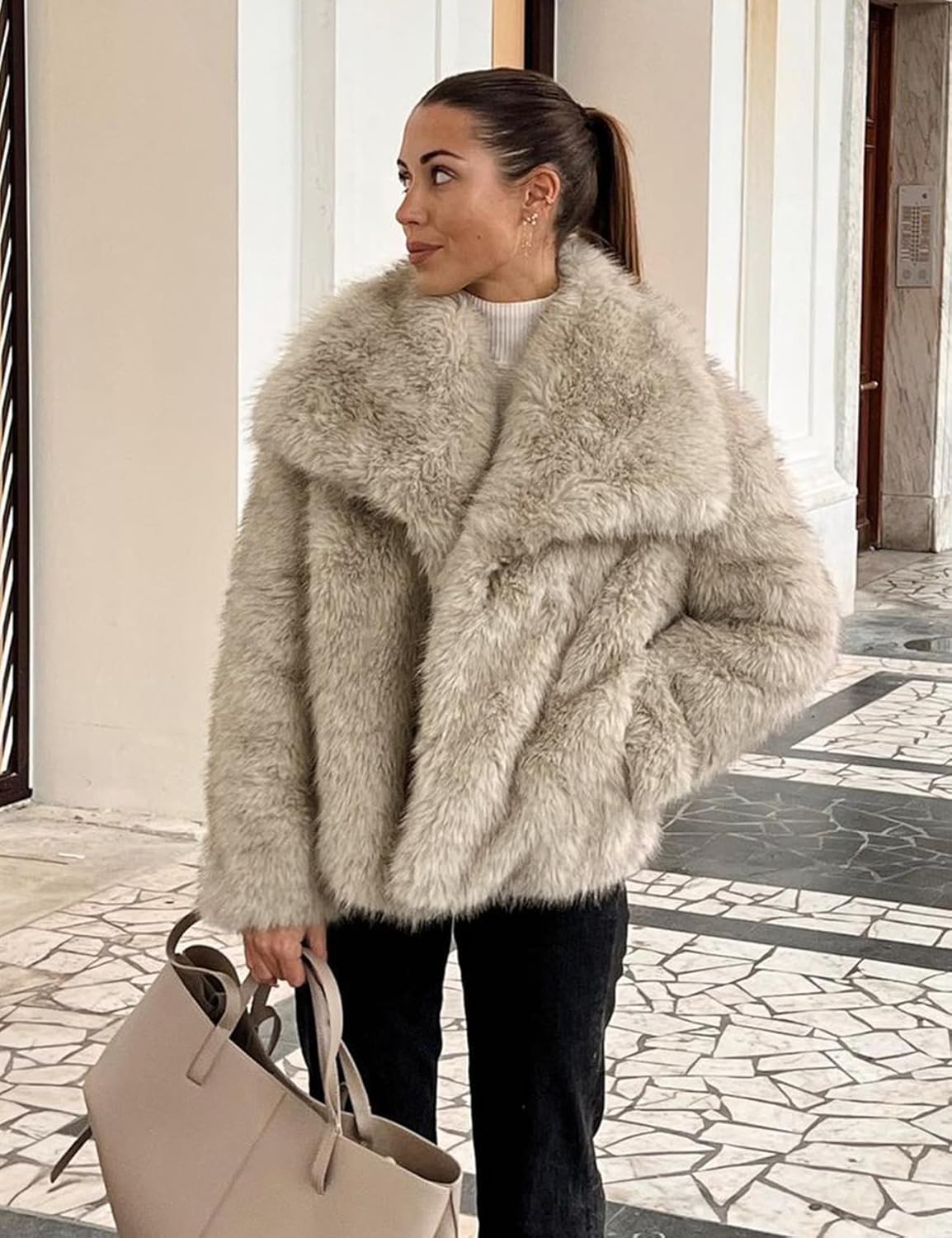 Arssm Women's Faux Fur Coat Fluffy Shaggy Jacket Long Sleeve Lapel Coats Winter Warm Outwear - Image 6