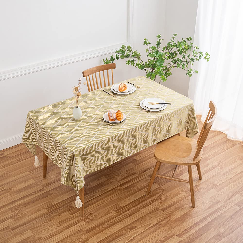 Nappe rectangulaire de qualité supérieure à vagues jaunes et finitions pompons raffinées