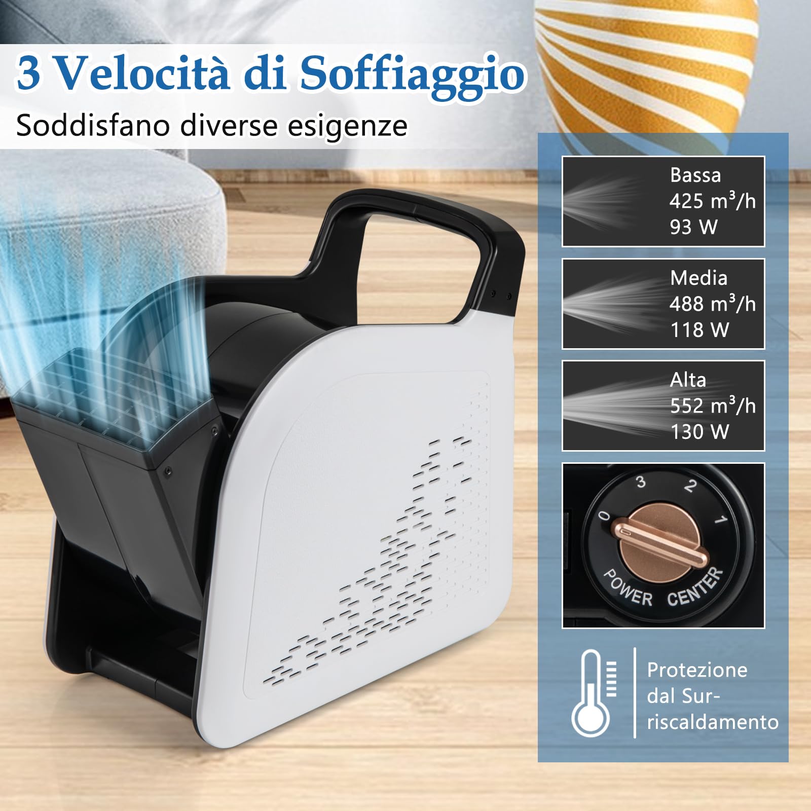 COSTWAY 130W Ventilatore ad Alta Velocità, Ventilatore Essiccatore con 3 Velocità e Testa Pivotante a 185° per Asciugatura, Raffreddamento e Ventilazione, per Casa Garage Palestra