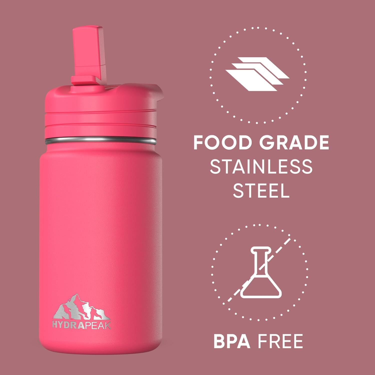 Hydrapeak Mini 14oz Water Bottle with Straw Lid, Insulated Water Bottle, Water Bottle Stainless Steel, Water Bottles (Hot Pink)