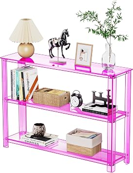 Acrylic Console Table, 3 Tier Entryway Table with Storage Shelves Light Pink
