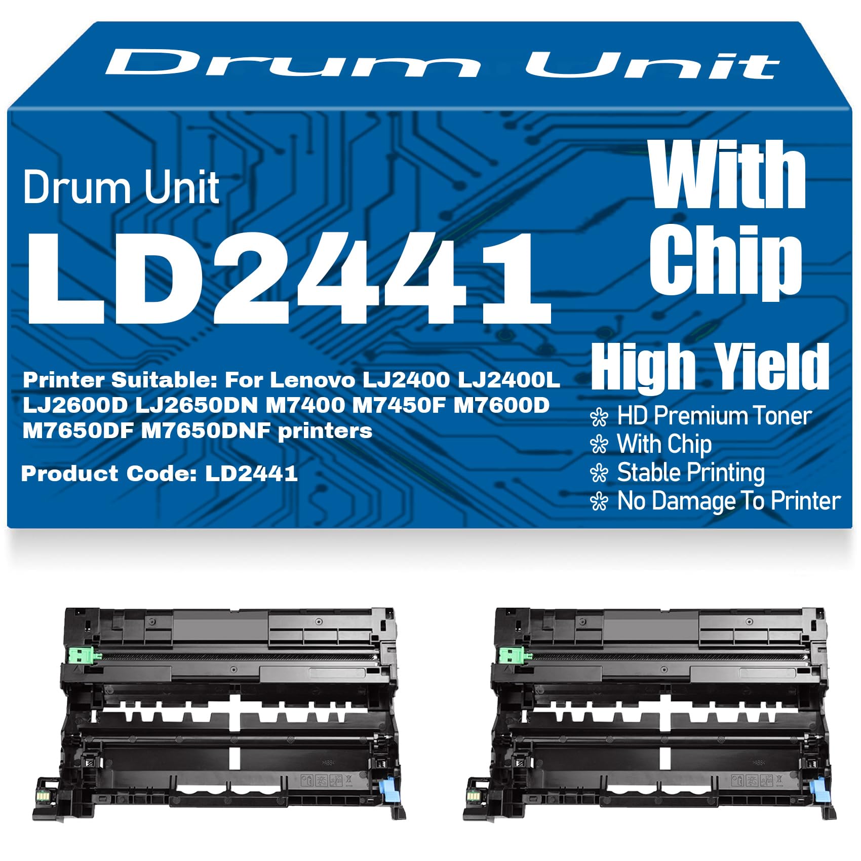 Unità tamburo compatibile LD2441 per Lenovo LJ2400 LJ2400L LJ2600D LJ2650DN M7400 M7450F M7600D M7650DF M7650DNF Stampanti Alta resa 12.000 pagine,2PC-Black