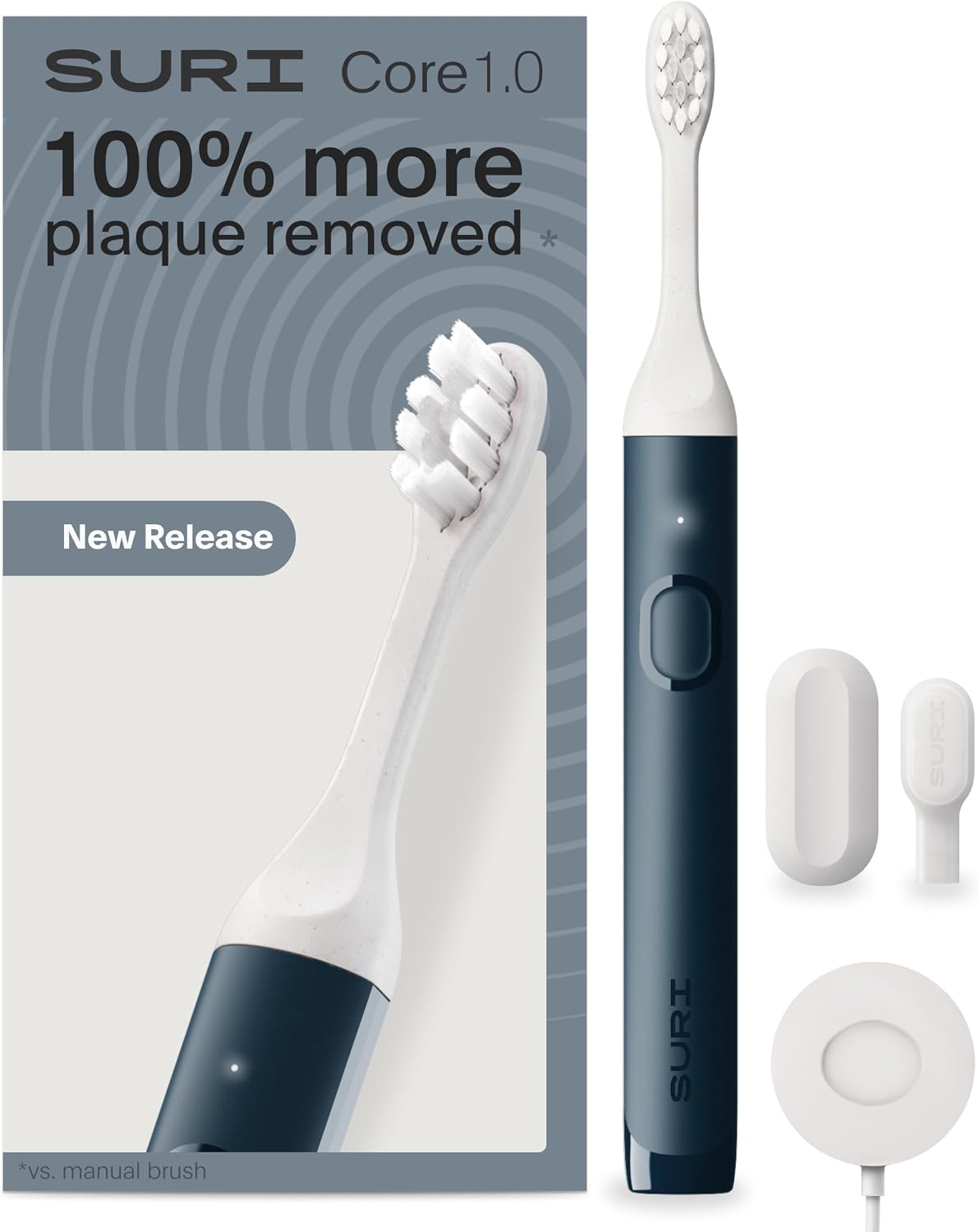 SURI NEW Core Sonic Electric Toothbrush | Up to 4 Weeks Battery | Travel Head Cover | Pressure Sensor | Bio-Based Body* | 2-Minute Timer | Plant-Based Head - Blue