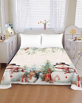 Top Sheet Queen Bedding Flat Sheet Only,Snowman Christmas Tree Winter Snowflakes Holly Berry Microfiber Bed Sheets Soft Breathable Bedding Flat Sheets,Retro Linen Hotel Luxury Top Sheets