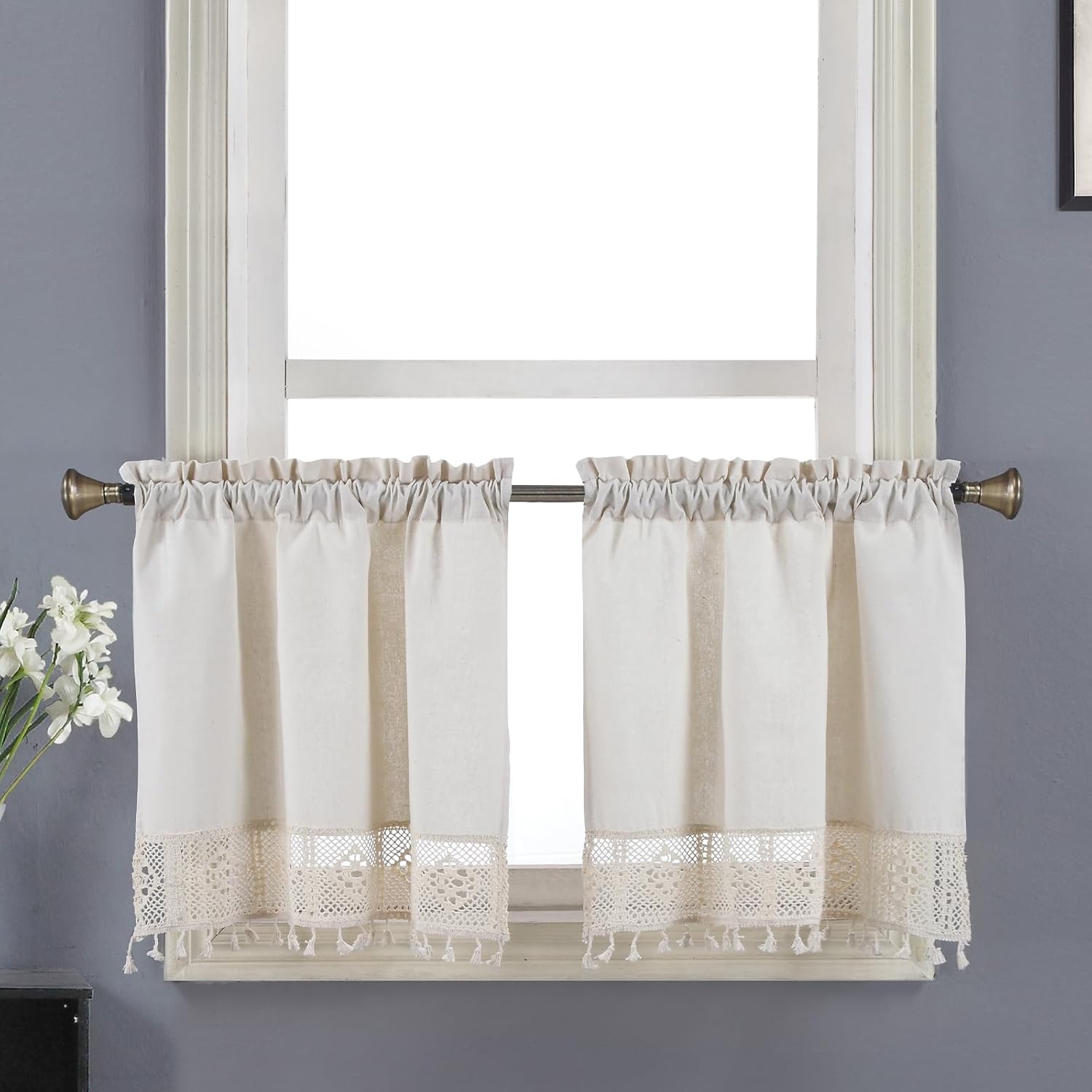 Amazon.com: Rama Rose Boho Short Curtains, Linen Textured Cafe Curtains with Tassels, 24 Inch ...