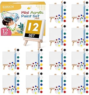 ESRICH 12 Set Mini Acrylic Paint Kit, Minis Stretched Canvas with Easel, Acrylic Paint