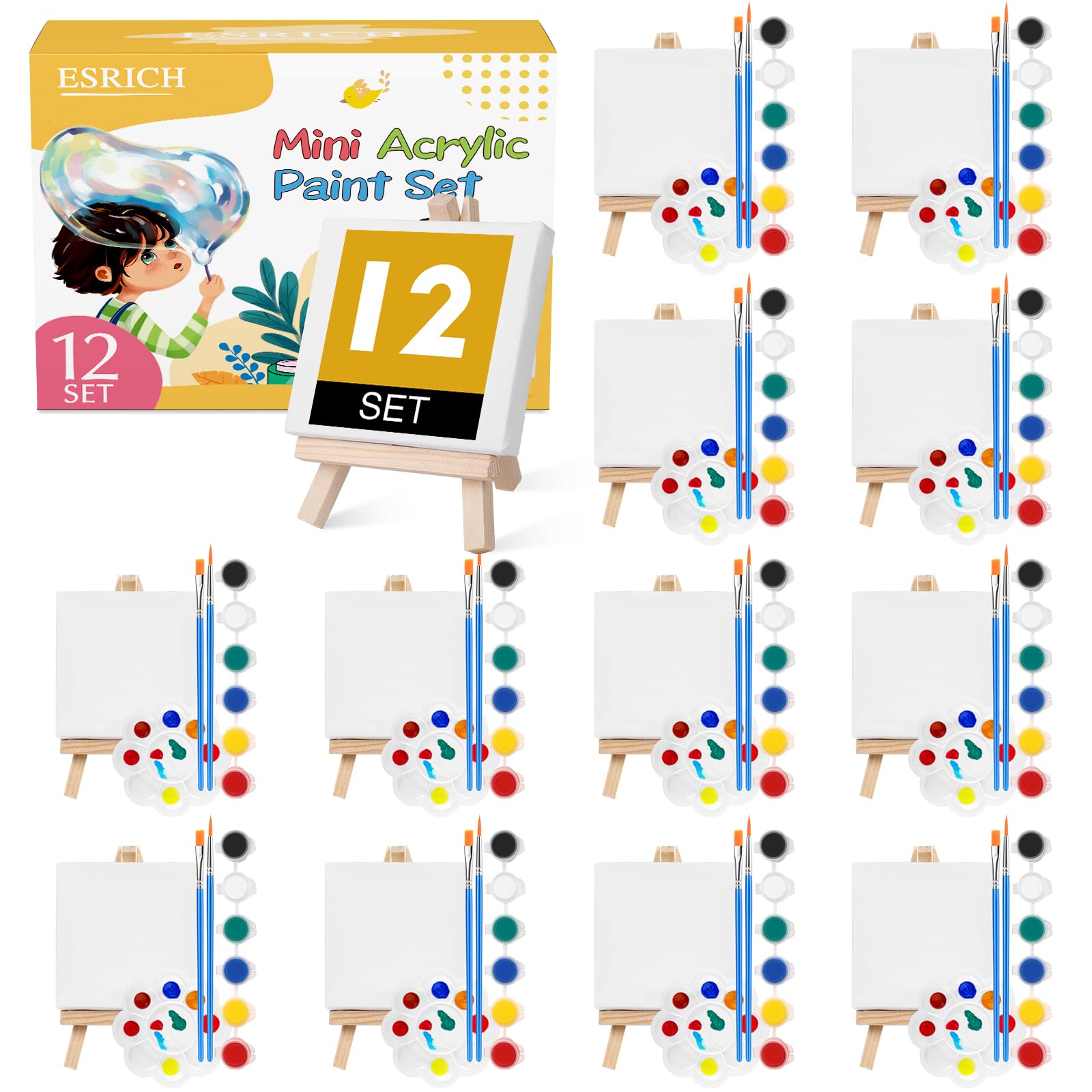 ESRICH 12 Set Mini Acrylic Paint Kit,Minis Stretched Canvas with Easel,Acrylic Paint Strips,Palettes,Painting Brushes, Mini Canvas and Easel Set for Kids Artists Beginner,Gift