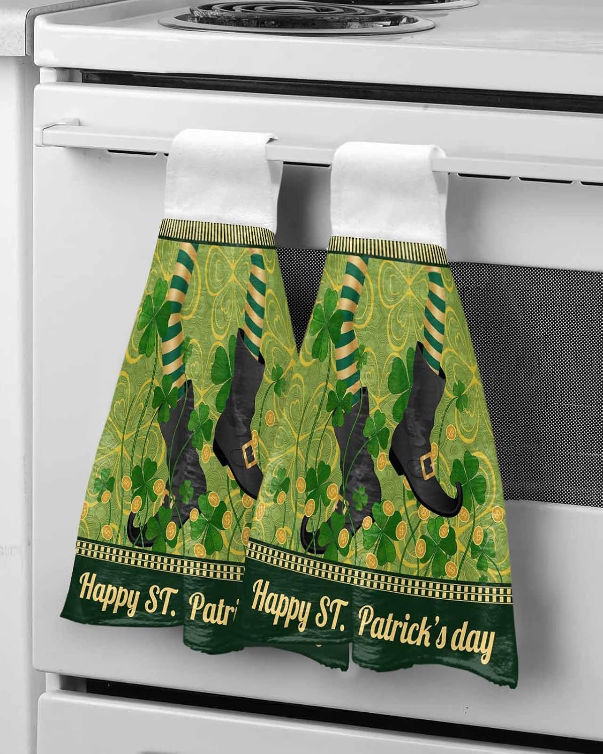 Happy St. Patrick's Kitchen Hand Towels with Hanging Loops Set of 2 Green Shamrock Shoots Coin Vintage Country Soft Thick Oven Fingertip Dry Microfiber Tie Dish Towel Absorbent Cleaning Washcloth