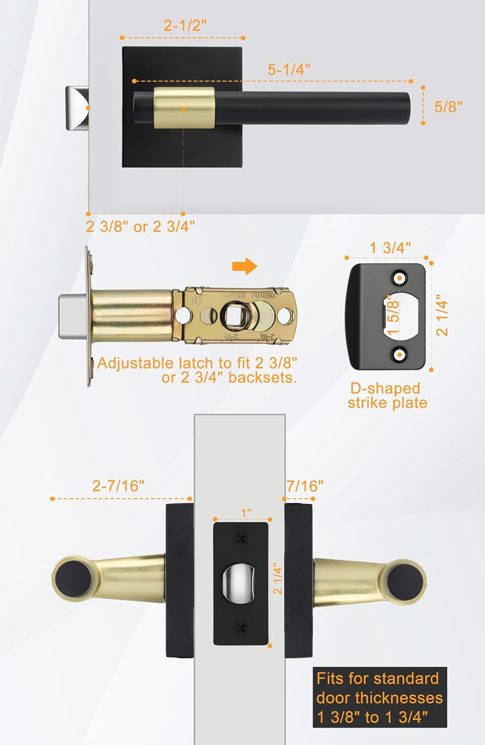 Goldenwarm Black and Gold Passage Door Handles, Matte Black Closet Door Handles, Black and Gold Interior Lever Door Handle for Hallway, Closet(2 Pack Square, Zinc Alloy)