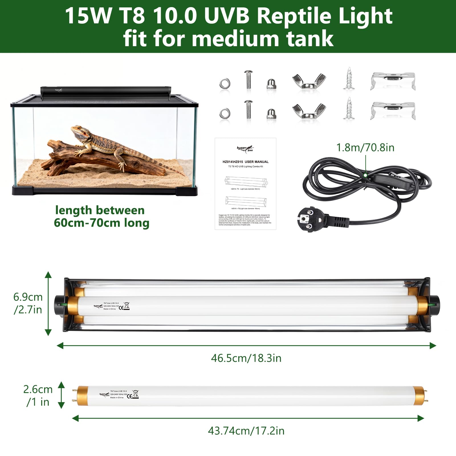 T8 15W UVB 10.0 Leuchtstoffröhren Reptilien Lampe Combo Kit 18" 30% UVA+10% UVB für Schildkröte Bartagame Schlangen Eidechsen