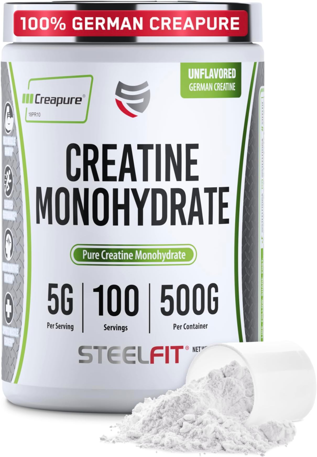 SteelFit Creapure Creatine Monohydrate Powder, Unflavored - German Micronized Creatine Powder for Men & Women - Gym Workout Nutritional Supplements for Muscle Gain, Brain Health & Strength Building