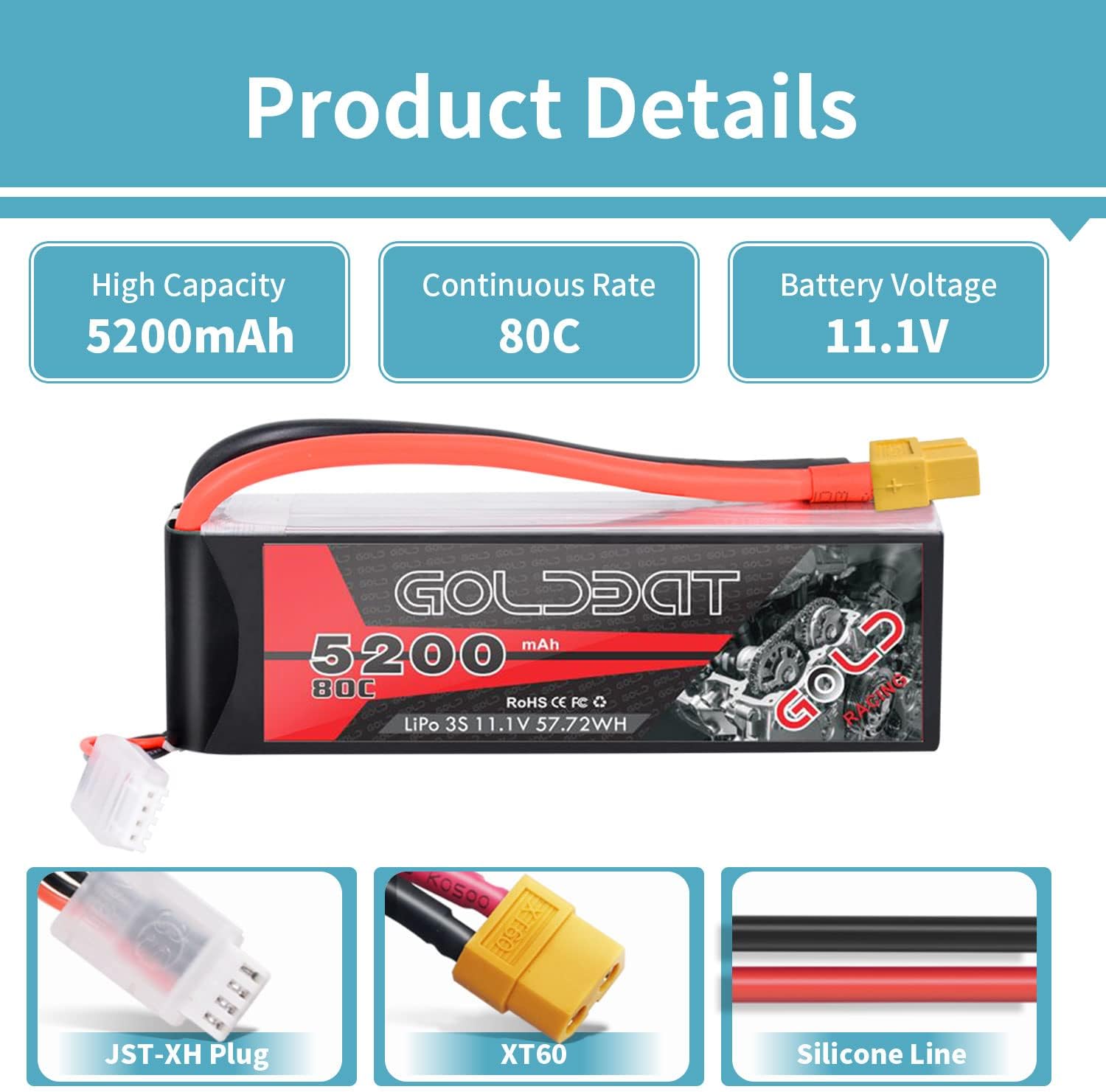 GOLDBAT 5200mAh 3S 11.1V 80C LiPo RC Short Battery Pack with XT60 Connector Softcase for RC Car Truck Quadcopter Airplane Helicopter Boat