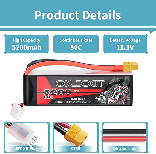 Miniatura 2 de GOLDBAT 5200mAh 3S 11.1V 80C LiPo RC Batería corta con XT60 Conector Softcase para RC Coche Camión Quadcopter Avión Helicóptero Barco