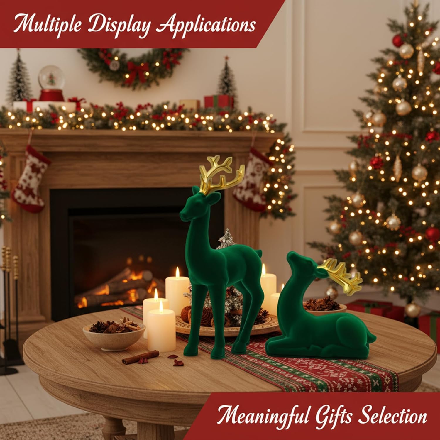 Reindeer Figurines Set of 2, 9.8-Inch Sitting Standing Green Resin Deer Statue Figures Decor with Soft Flocked Surface for Christmas Home DecorHome Decor