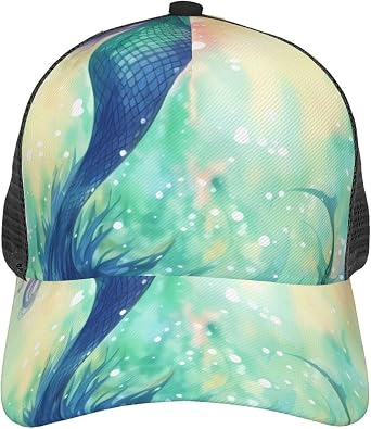 Beautiful Mermaid Tail Baseball Cap with Breathable Mesh, Adjustable Golf Dad Hat Trucker Hats Quick Dry Outdoor Sun Hat Black
