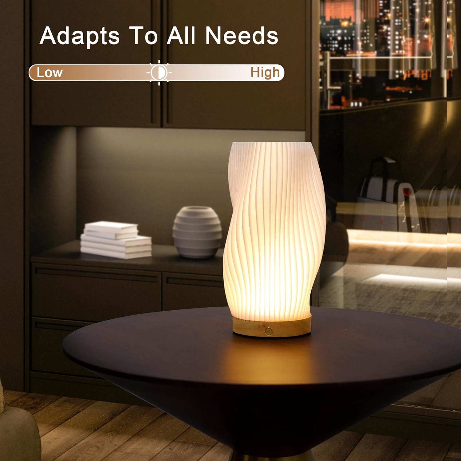 JHY DESIGN Rechargeable Touch Table Lamp 3D-Printing Dimmable Battery Powered Lamp with Woodbase Bedside Lamp for Bedroom Nightstand Weddings Parties Patio Events Indoors Outdoors