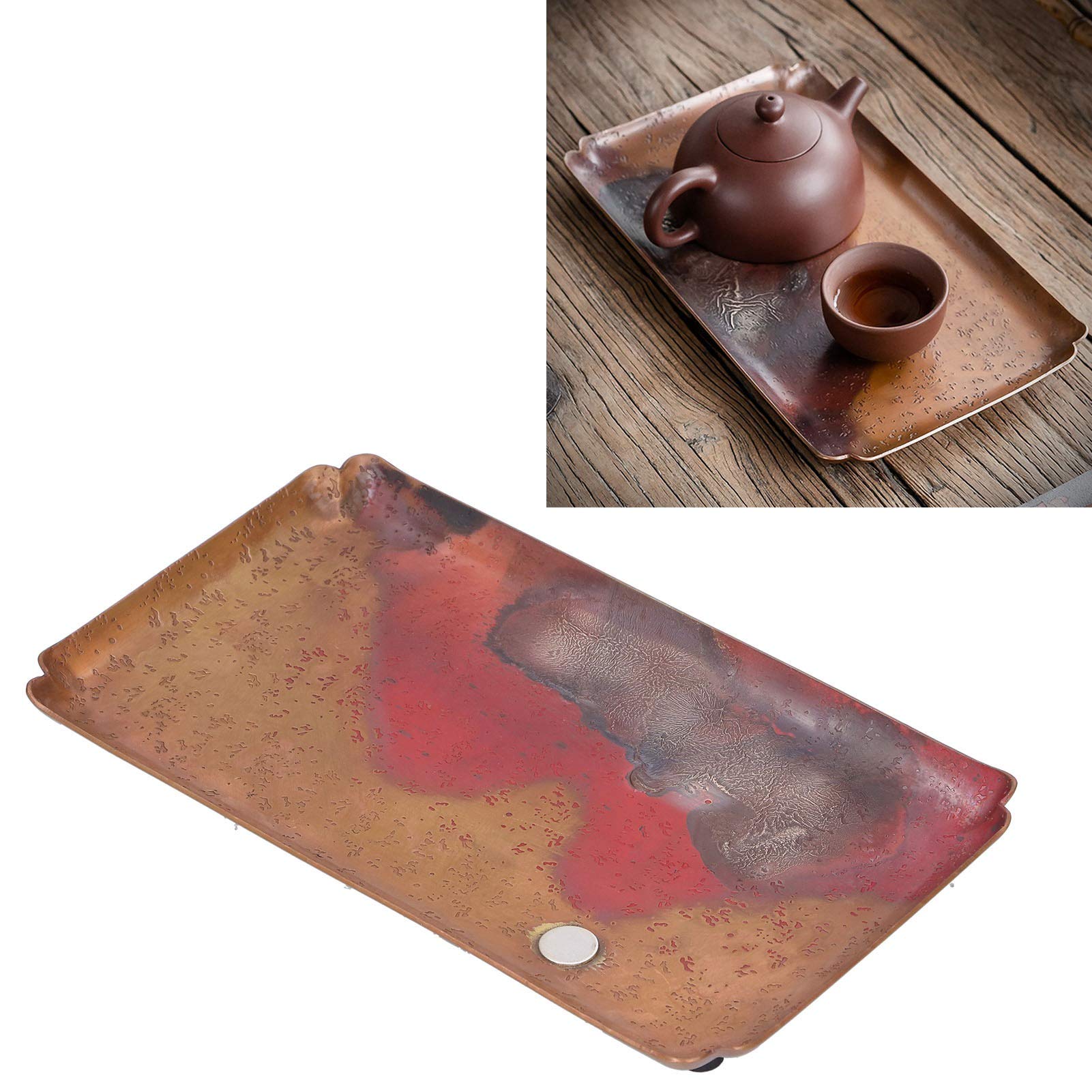 Cocoarm Bandeja de té Plato para Servir de Cobre Rojo 14 X 24 Cm Vajilla de Estilo Japonés con Almohadillas Antideslizantes para los Pies Base Poco Profunda Pintura Antigua para Mesa de té Cocina