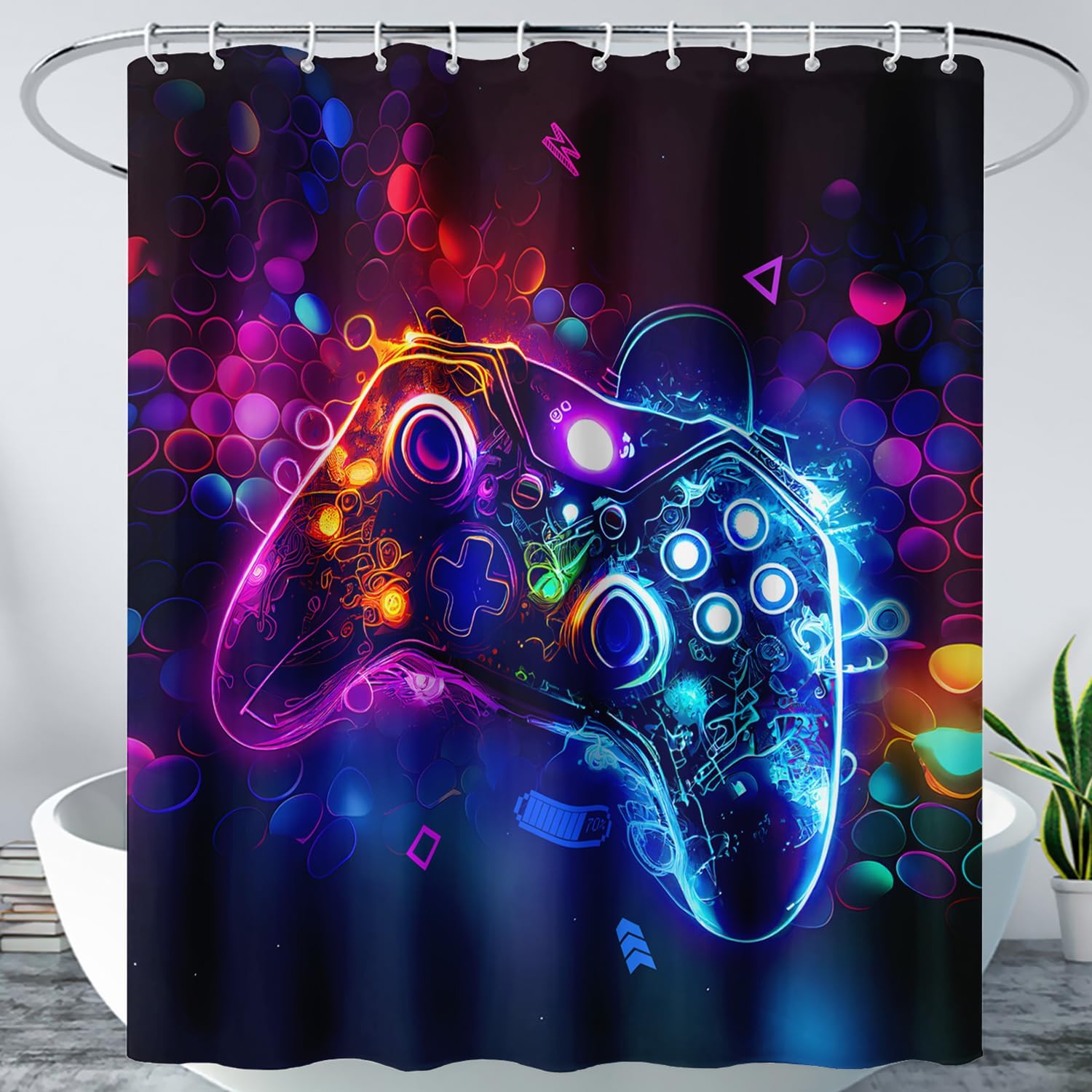 AILONEN Gaming Gamer Shower Curtain for Bathroom,Video Games Bath Curtain for Kids,Teens,Modern Boys Gamepad Shower Curtain,Cartoon Gamer Console Shower Curtain Set with Hooks,72" Wx78 H