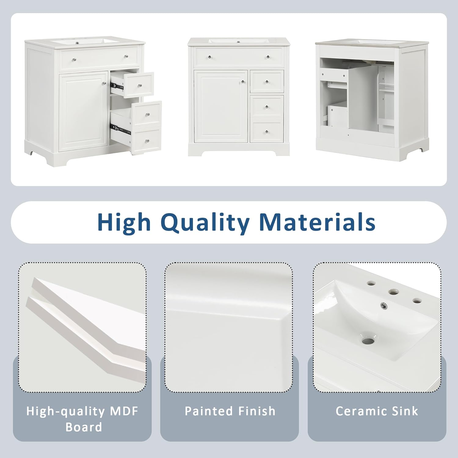 30 Inch Bathroom Vanities Cabinet with Undermount Ceramic Sink, Two Drawers & Storage Door Shelf, Freestanding, White