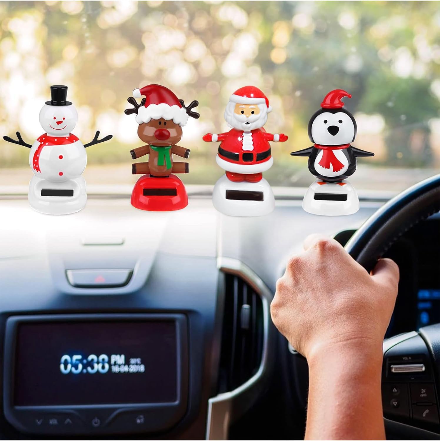 4 Pack Christmas Solar Powered Dancing Toys Car Shaking Head Dancer Doll Elk Santa Snowman Penguin Swing Figurines Car Windowsill Decor Christmas Toys Gift for Car Dashboard Office Home Desk Decor