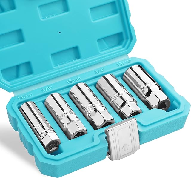 DURATECH Spark Plug Socket Set, 5-Piece SAE & Metric Cr-V Spark Plug Sockets (14mm, 18mm, 5/8", 3/4", 13/16"), 6 Point & 12 Point Thin Wall 3/8" Drive Spark Plug Removal Tool for Car, Small Engines