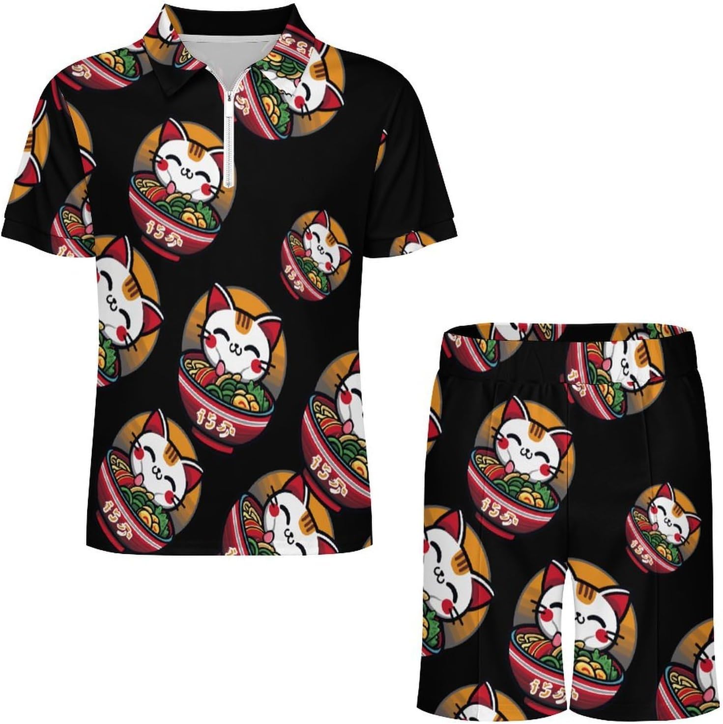 Japanese Cat Eating Ramen Mens Polo Shirts Track Suits 2 Piece Short Sleeve Sweatsuit 1/4 Zip Golf Loungewear for Sports
