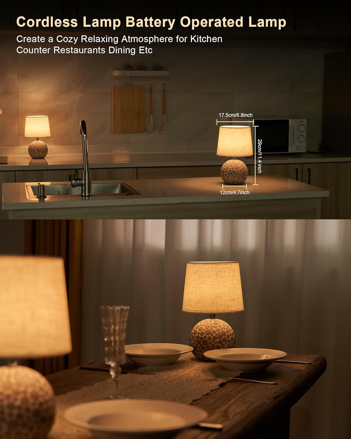 UMEXUS 11" H Ceramic Rechargeable Cordless Table Lamp with Timer & Remote - Small Battery Operated Lamp with Linen Shade & RGB Dimmable Light for Restaurant Dining Living Bedroom Kitchen Patio Side