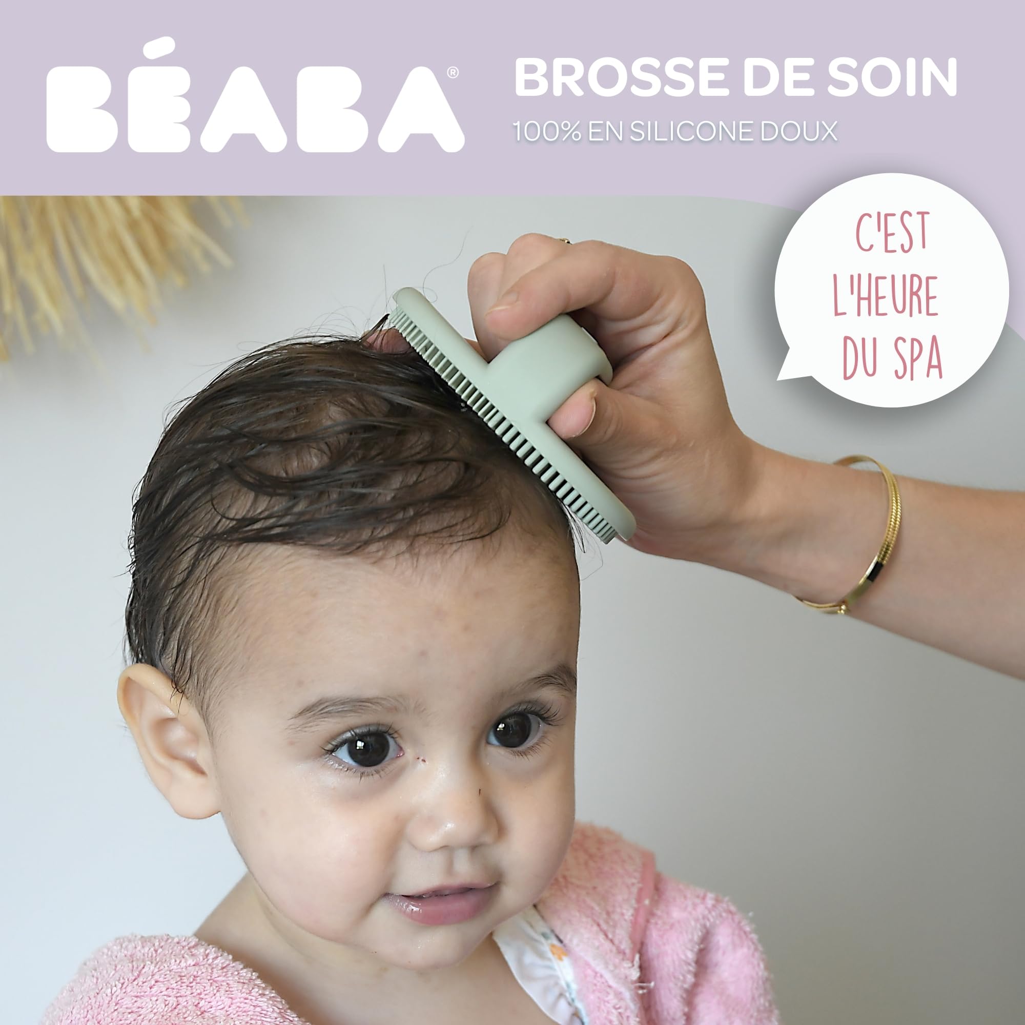 BÉABA, Brosse de Bain pour Bébé en Silicone, Toilette Bébé, 2 Côtés, Poils Fin pour Masser bébé, Poils épais pour croûtes de lait, 100% Silicone Doux, Vert de gris