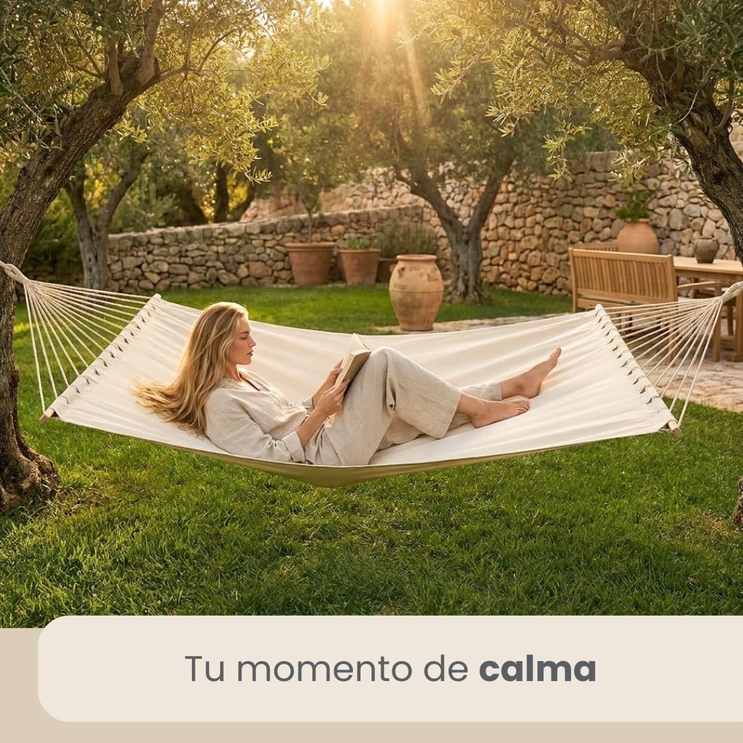 AMANKA XXL Hamaca con Barra Separadora 200x120 cm Beige - Colgante Doble 2 Personas 150kg - Algodón Resistente Exterior & Interior - Balcón Jardín Terraza Campings - 100% Puro Transpirable Natural