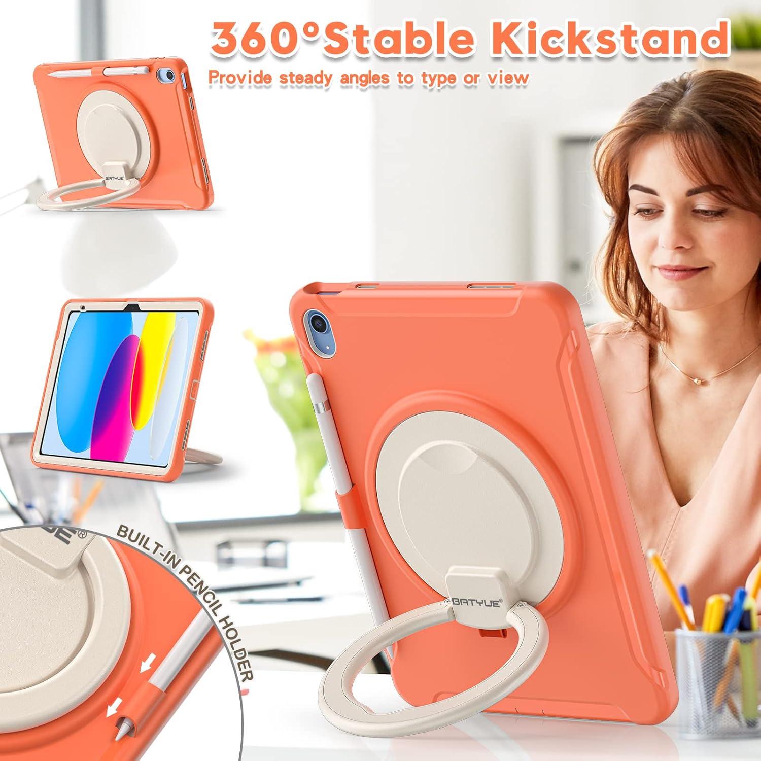 BATYUE Case for iPad (A16) 11th/10th Generation 11''/10.9'' 2025/2022, Full-Body Drop Protection Case for Kids with 360° Rotating & 180° Folding Ring Stand, Screen Protector & Pencil Holder|Orange