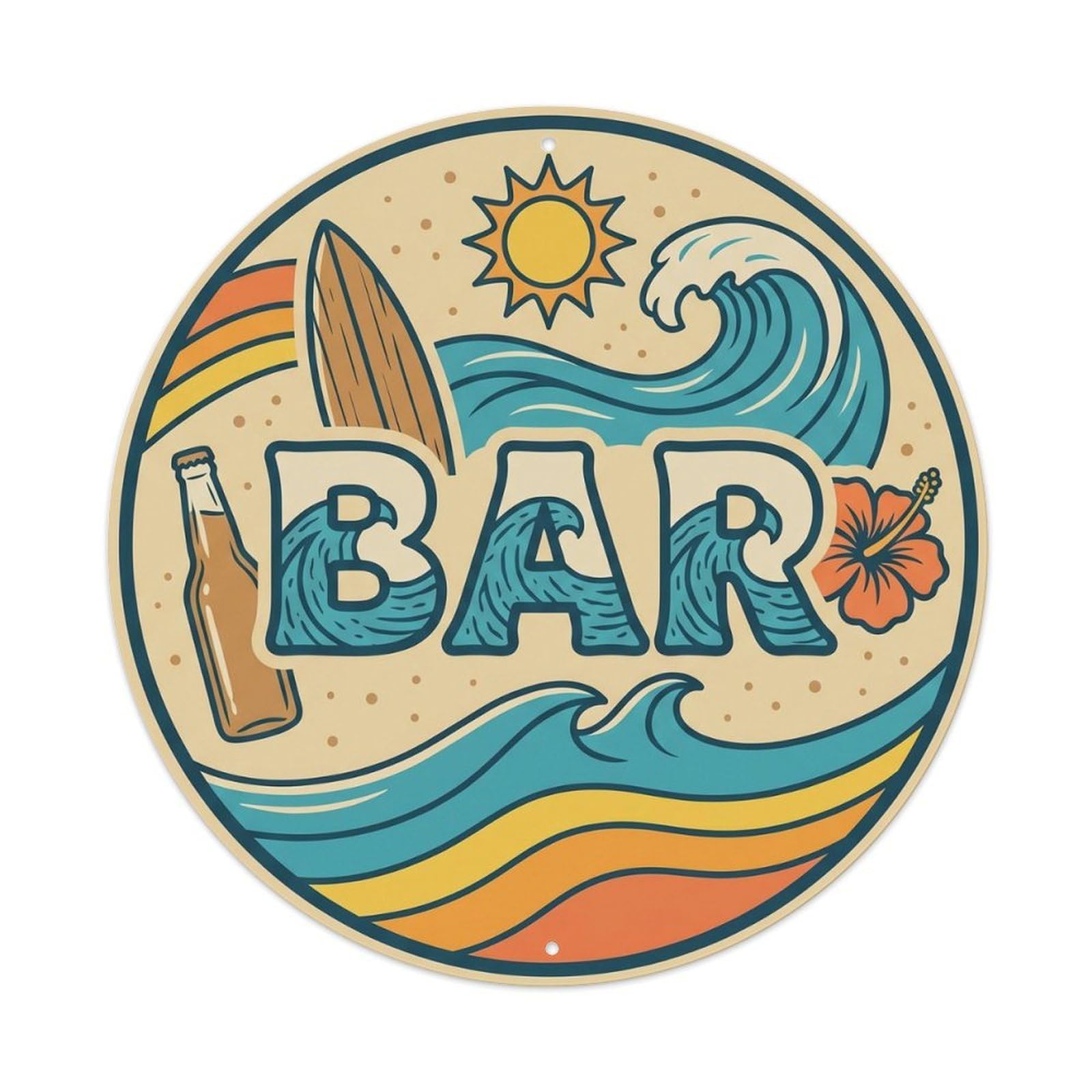 Vintage BAR Surf Shack Emblem Metal Tin Sign Plaque Wall Decor for Cafe, Club, Garden Round Metal Poster 8x8Inch