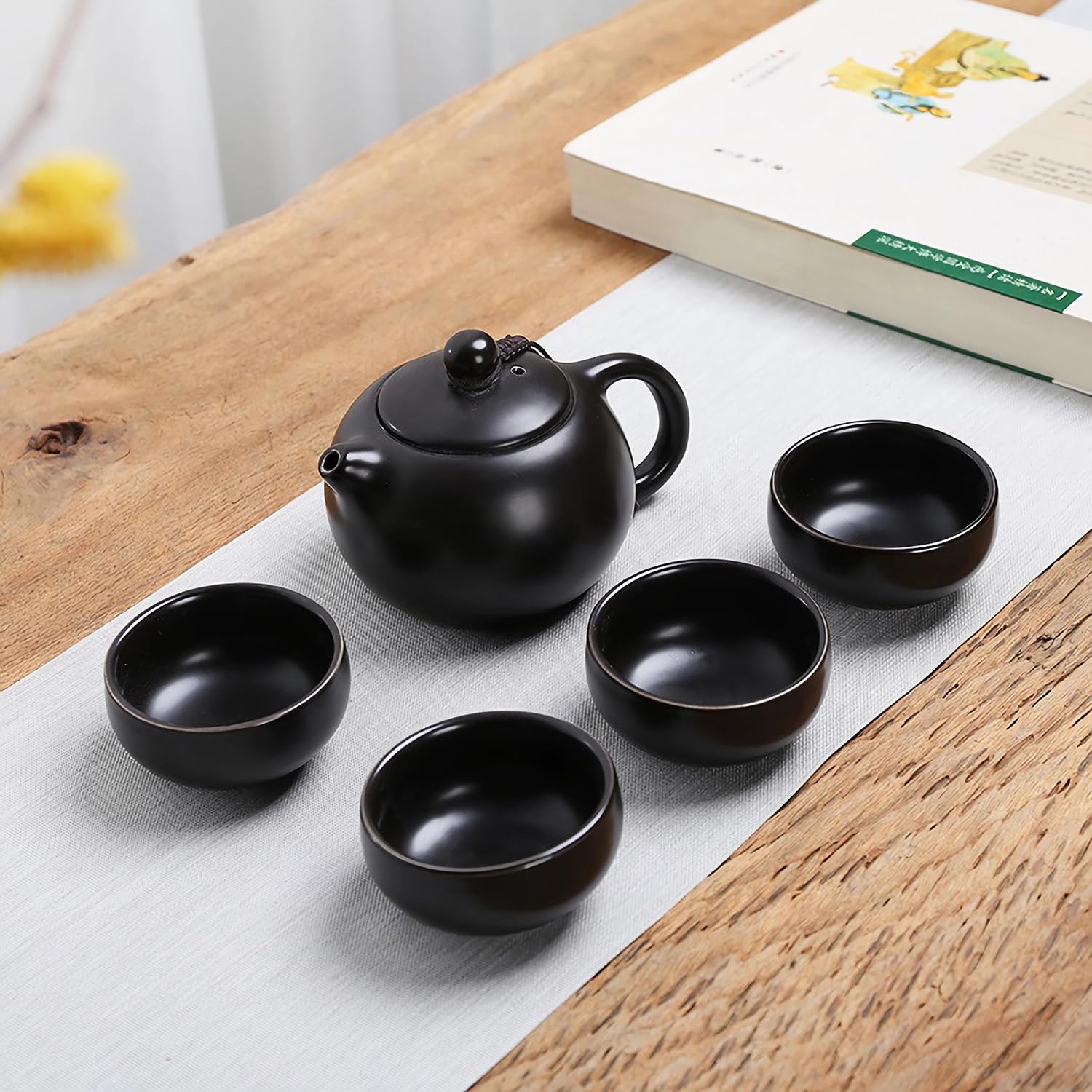Set de tetera, servicio de té chino Kungfu, tetera de cerámica con 4 tazas y bandeja porta té, juego de viaje para té suelto, negro