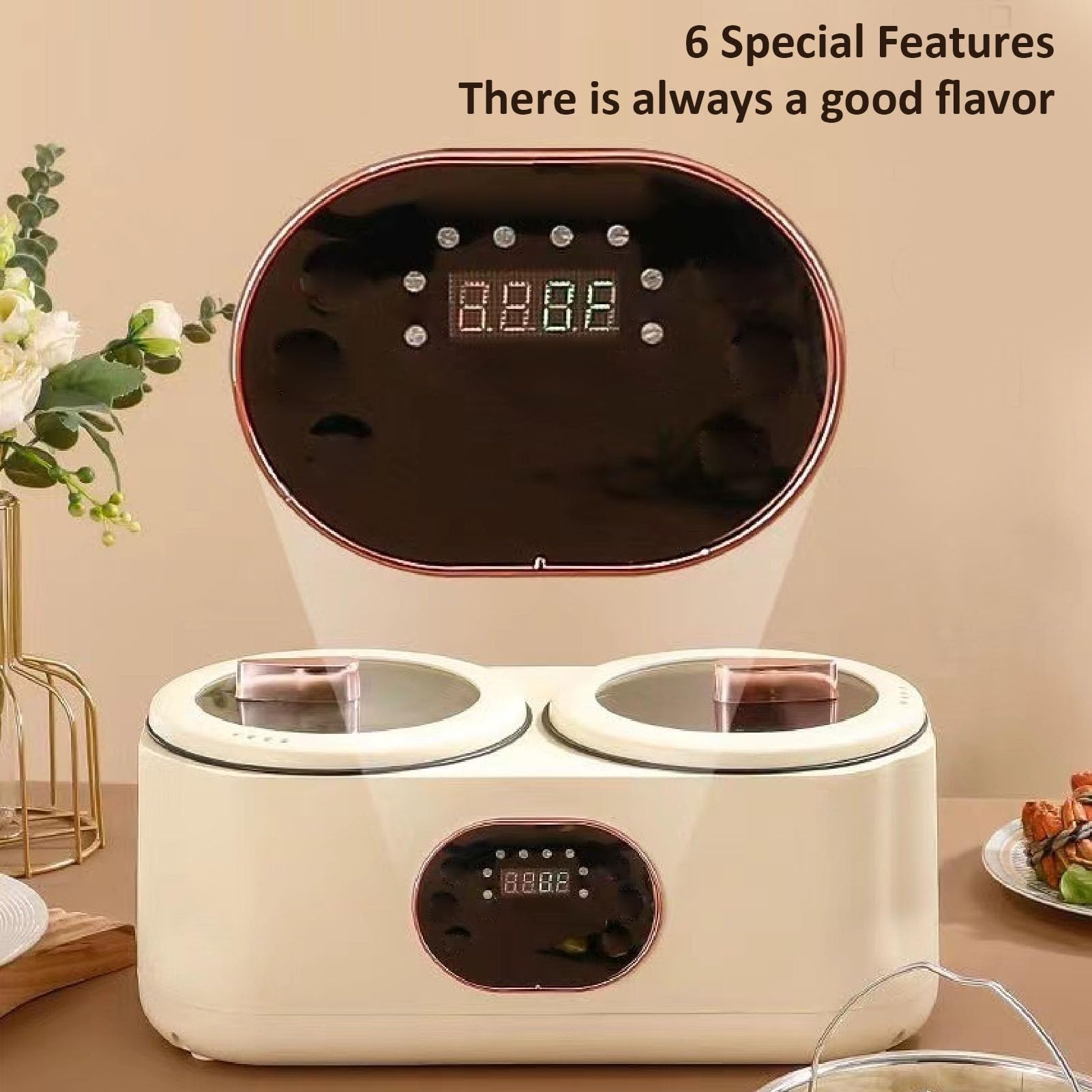 2-in-1-Doppel-Slow-Cooker, Dual-Combo-Slow-Cooker und Reiskocher, Doppel-Innen-Multifunktions-Reiskocher mit 6 Kocheinstellungen, Elektrischer Hot Pot für zu Hause