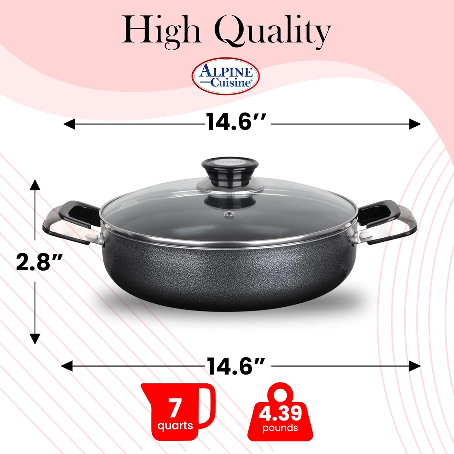 Alpine Cuisine 7 Quart Non-stick Stock Pot with Tempered Glass Lid and Carrying Handles, Multi-Purpose Cookware Aluminum Dutch Oven for Braising, Boiling, Stewing