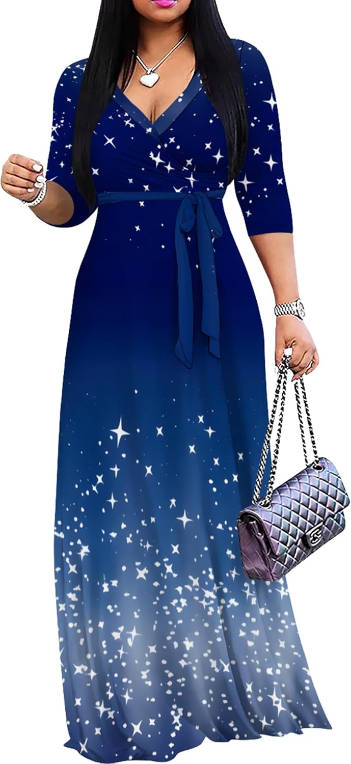 PinkPatty Plus Size Maxi Dress for Women Casual V Neck 3/4 Sleeve Boho Printed Long Dress with Pockets