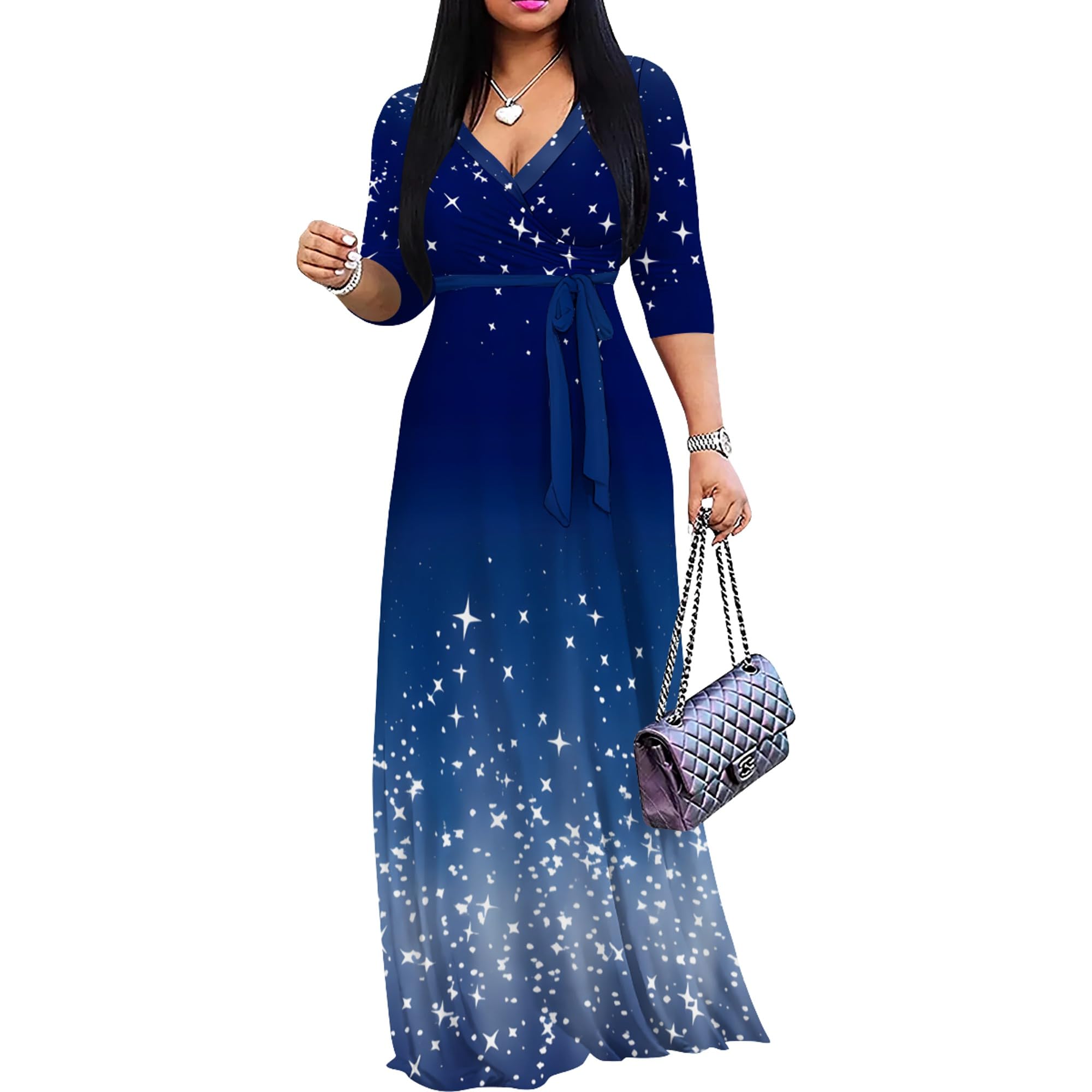 PinkPatty Women's Plus Size V Neck 3/4 Sleeve Boho Maxi Dress with Pockets | Boho printed maxi dress with pockets and tie waist for travel, vacations, weddings, church, parties, and daily wear