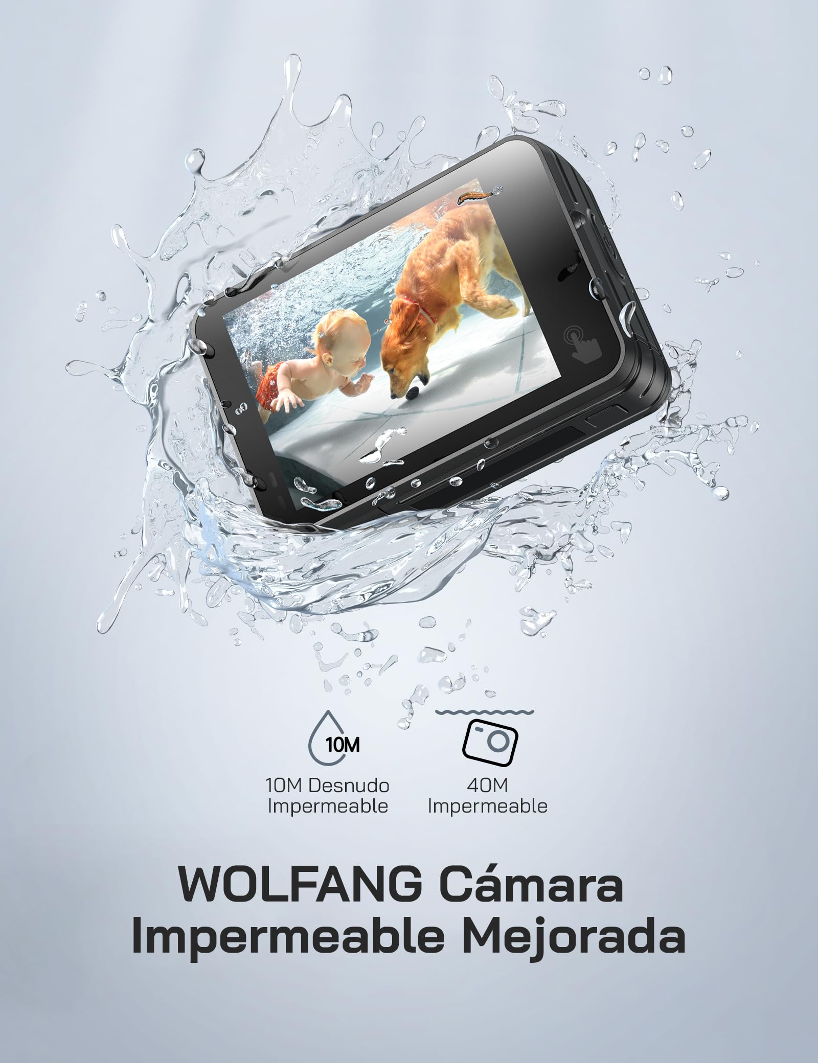 WOLFANG GA420 Cámara Deportiva Doble Pantalla 4K 60FPS 24MP, 10M Cuerpo/40M Impermeable, WiFi Webcam Videocámara Subacuática, Micrófono Dual, Control Remoto, EIS, 2x1350mAh Baterías,Accesorios
