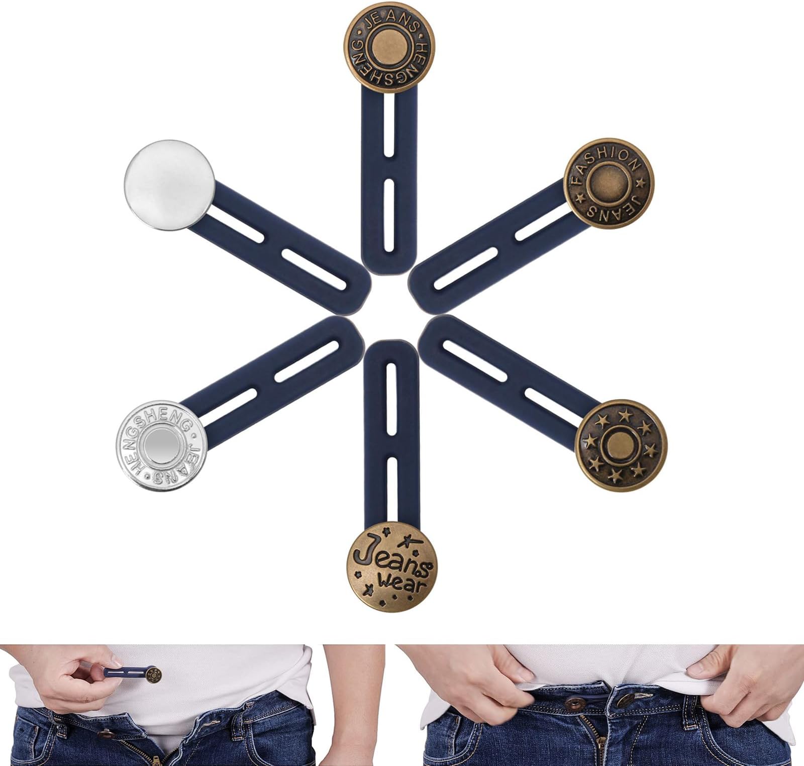 Detachable Buttons For Jeans, 6pcs Pants Extender Button, Flexible Adjustable Waistband Extender Buttons for Men and Women,Jeans Waist Extender Metal Buttons No Sew Button for Extender Jeans Pants Collar