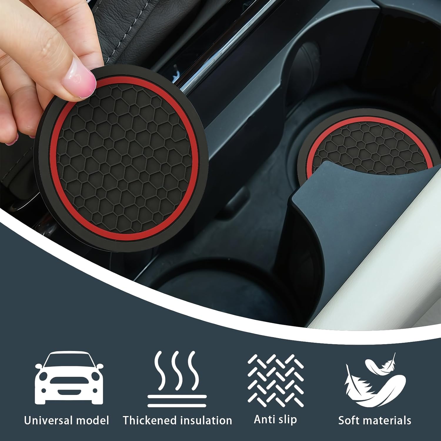 4 PCS Car Cup Holder Coasters, Non-Slip Insert Car Cup Coasters, Waterproof Vehicle Water Bottle Pads Automotive Interior Accessories, Universal for Vehicles, Trucks, SVUs (Black & Red)