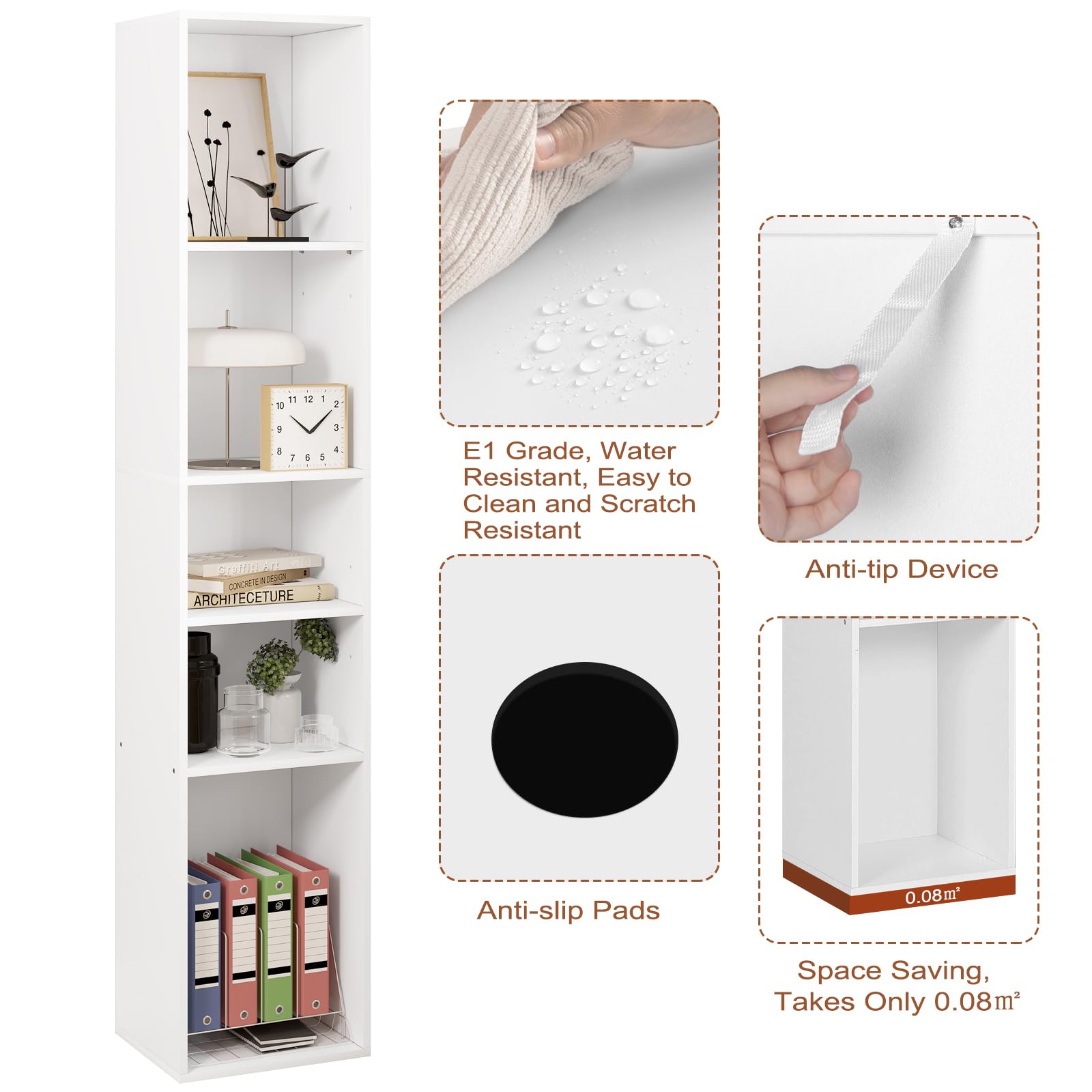 WOLTU Libreria a 5 Scomparti Aperti, Libreria Verticale a Colonna, Scaffale Angolare Autoportante, per Soggiorno, Ufficio e Studio, in Truciolare, Bianco, 30x26x151cm, SK034ws