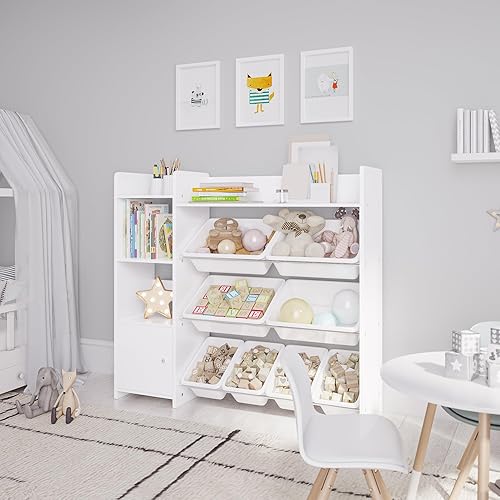 Miniatura 9 de Organizador de almacenamiento de juguetes con estante de juguetes para niños y 8 contenedores de juguetes blancos, solución perfecta para
