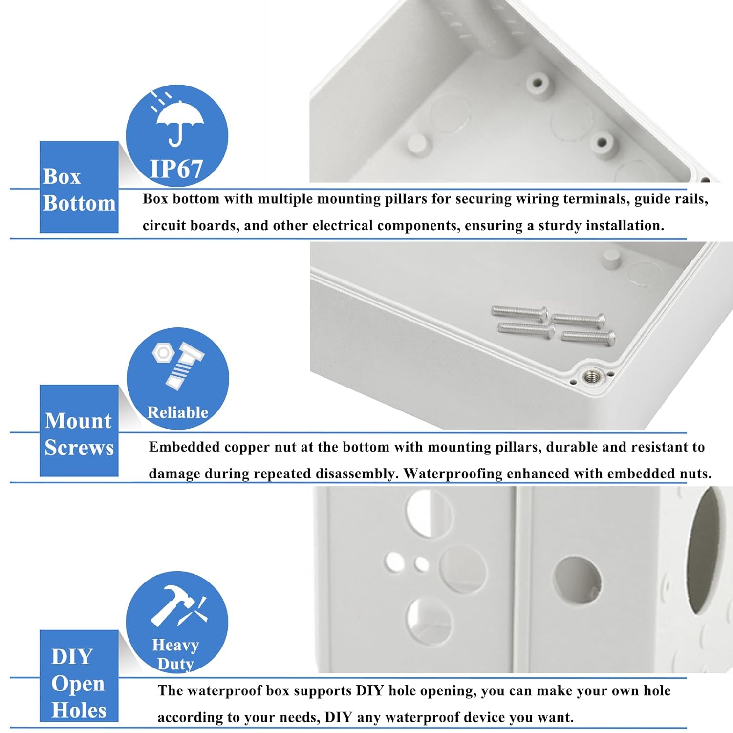Nineleaf 10 Pack Plastic Junction Box,IP67 Plastic Electrical Project Case,Waterproof PVC Junction Box 6.1x3.5x2.3in(157X88.5X60mm),Surface Mount with Cover,White,10 PK