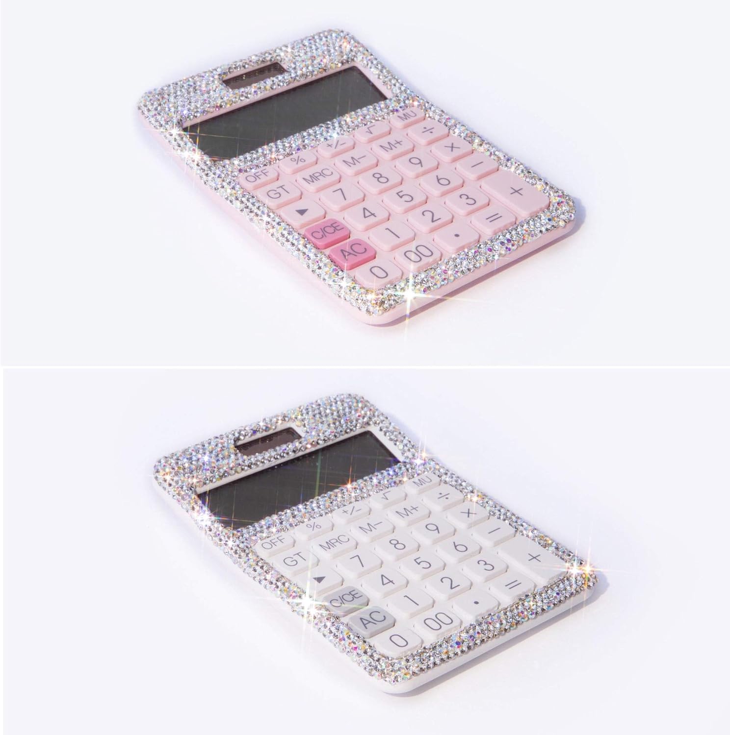 TISHAA Stylish Bling Rhinestone Crystal Dazzling 12 Digit Solar and Battery Dual Power Large LCD Display Standard Desktop Calculator for Office,Home, School (White)