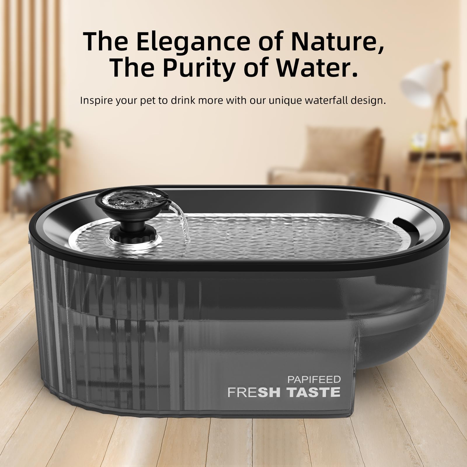 Cat Water Fountain Stainless Steel with a Silicone Mat, 84oz/2.5L Automatic Cat Water Fountain with Water Level Window and LED Light, Quiet Low Power Cat Water Bowl & Cat Water Dispenser(Black) - image 2